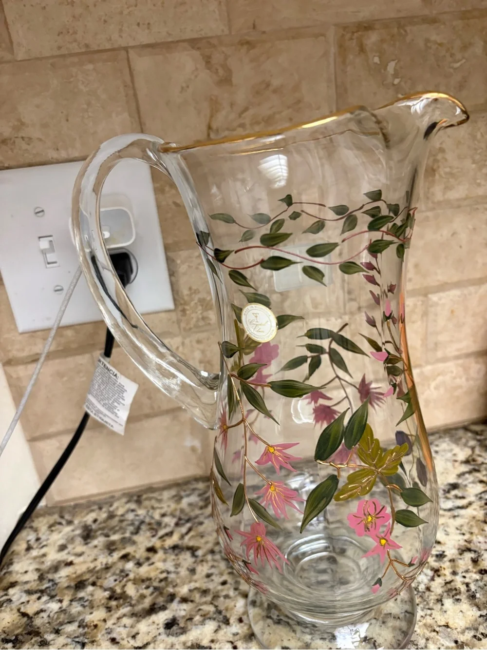 Hand-Painted Floral Glass Pitcher with Gold Rim - Pink & Green